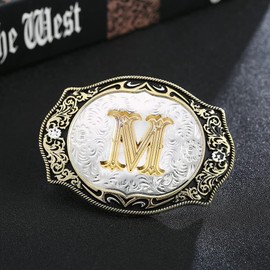 Western Belt Buckle Initial Letters ABCDMRJ to Z Cowboy Rodeo Small Gold Belt Buckles for Men Women (M)