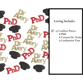 PhD Graduation Confetti for Me, Husband or Wife, Doctor of Philosophy Graduation Decorations, 25 Piece Pack of Confetti Including PhD, Doctoral Tam and Custom Dr Name