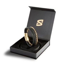 SERASAR Premium genuine leather bracelet for men [Hero] in black, magnetic closure made of stainless steel in black, silver and gold, includes jewellery box, great gift idea, stainless steel, No