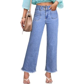 Astylish Straight Leg Jeans for Women High Waisted Stretchy Denim Pants Casual Baggy Frayed Hem Jean Trousers with Trendy 2025 Big Patch Pockets Size 12 Beau Blue