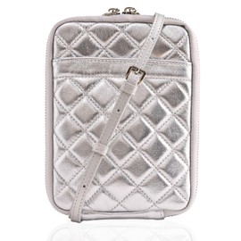 [KT BASE] Smartphone Shoulder Crossbody Pouch Bag Women's Mobile Genuine Leather Small Pochette Genuine Leather Wallet Card Storage Travel Stylish (Silver)