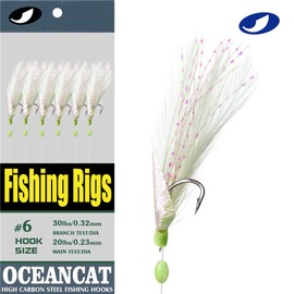 Ocean CAT 10Packs 6 Hook/Set Fishing Rigs White Feather Fishskin String Hook Fishing Lure Saltwater Freshwater Bait Rig Tanckle 2/0#1/0#2#4#6#8#10#12#14 (White, 1/0#)