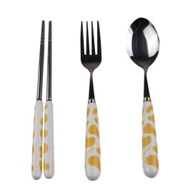 OLizee® Cute Creative Cow Pattern Design Flatware Set of 3 Ceramics Handle Stainless Steel Spoon Fork Chopsticks for Traveling Portable Lovely Animals Korean Tableware Set (Yellow)