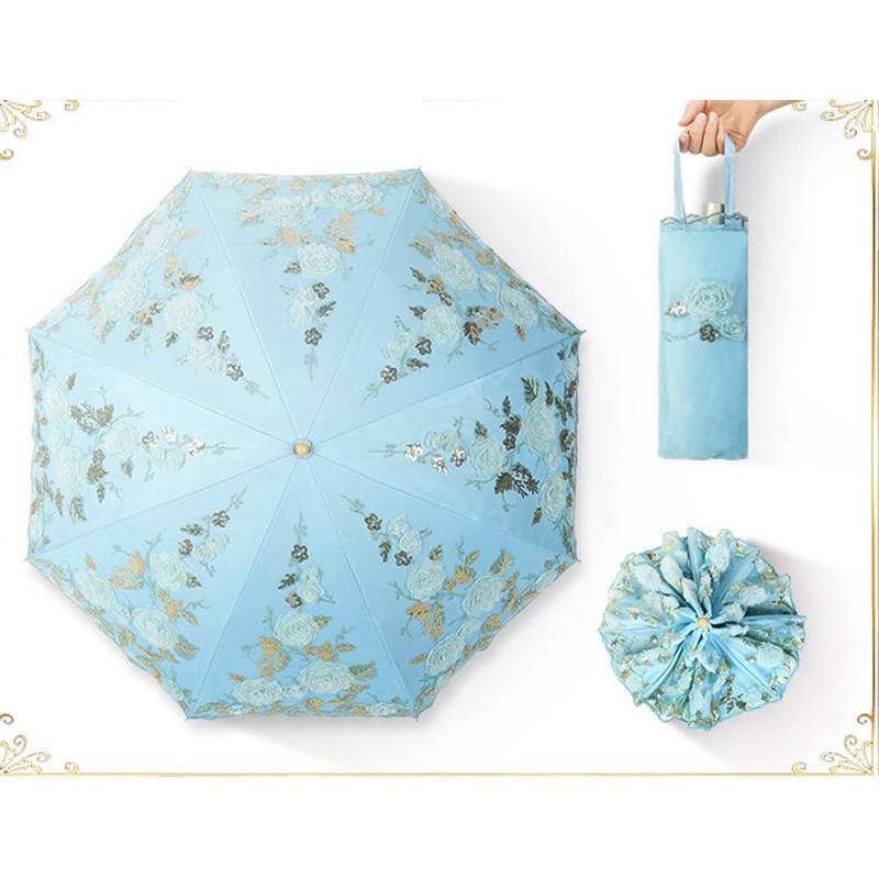 LCY Womens Anti-UV Lace Embroidery Folding Sun Parasol Rain Umbrella