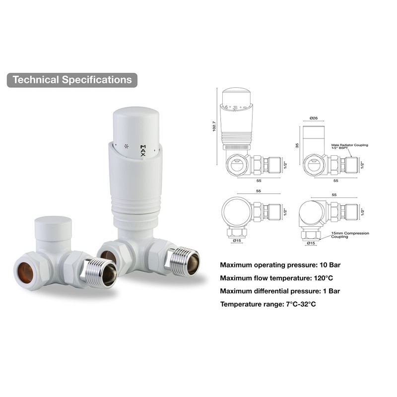 White Thermostatic Radiator Valve Angled Corner or Straight White Radiator