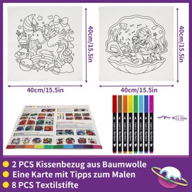 SNEILJOY Craft Set Children from 6 Years, Craft Set Girls 10 Years, Cushion Cover for Painting for Children, 2 Cotton Cushion Covers (40 x 40 cm) and 10 Textile Markers (Fantasy)
