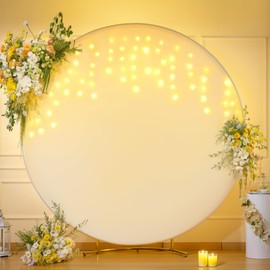 6.6 FT Ivory Round Backdrop Cover with Lights String for Circle Arch Stand, Circle Backdrop Covers with LED Fairy Lights for Wedding Arch Baby Shower Birthday Party Photo Shoot Photography Background