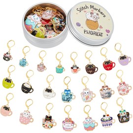 PLIGREAT 22 Pcs Enamel Coffee Cup Cat Stitch Marker Ornament Set Knitting Stitch Counter DIY Ornaments Crafts Making Accessories Gift for Mom Woman Tailor Shop Supplies