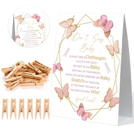 Dont Say Baby Baby Shower Game, Blush Pink Butterfly Baby Shower Sign and 50 Clothespins, Gender Reveal Games, Baby Shower Centerpieces, Baby Shower Gifts for Gender Reveal Party, Baby Shower,2