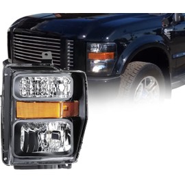 Compatible With Ford F-250, F-350, F-450, F-550 Super Duty 2008-2010 Halogen Headlight Assembly With Bulbs, DOT/SAE Compliant, Black Housing, Left/Driver Side, 7C3Z 13008 BA / FO2502243