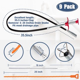 Drain Snake Clog Remover Set with 35.5" Metal Hair Drain Snake (1pcs) 25" Plastic Hair Drain Clog Remover Tool(6pcs) 18" Drain Cleaning Brush(2pcs) for Toilet, Kitchen Sink, Bathroom Tub, Sewer