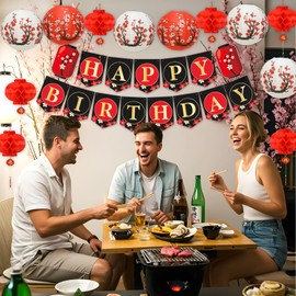 Chinese Japanese Paper Lanterns Party Decorations, Hibachi Party Decorations Includes Happy Birthday Banner Chinese Lanterns Japanese Decor for Hibachi Asia Home Restaurant Wedding Decor