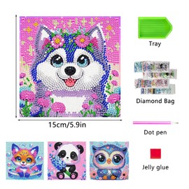 KiKiHong Set of 4 Diamond Painting Children, Diamond Painting Animals Boys Girls Gifts 6 7 8 9 10 11 12 Years for Home Wall Decor (15 x 15 cm)