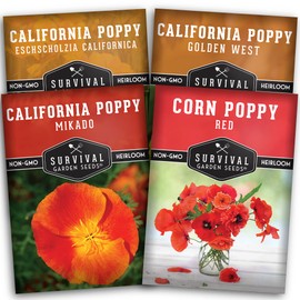 Survival Garden Seeds Poppy Collection - California, California Golden West, California Mikado, and Red Corn Poppy Varieties - Non-GMO Heirloom Seeds - California Native Seeds - Wildflower Seeds
