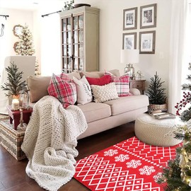 Christmas Red and White Area Rug - 4' x 6' Outdoor Front Door Decor Door Mat Cotton Washable Hand-Woven Rug Doormat Christmas New Year Holiday Entryway Porch Kitchen Living Room Bedroom