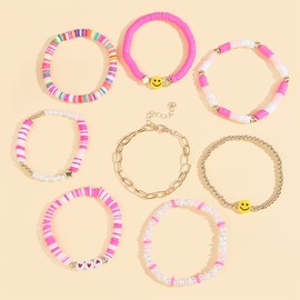 bovivanen 16Pcs Preppy Heishi Bracelets Set Colorful Smile Heart Star Evil Eye Beaded Stretch Bracelets Clay Stackable Charm Y2K Kidcore Summer Beach Bohemian Layering Bracelets Jewelry for Women