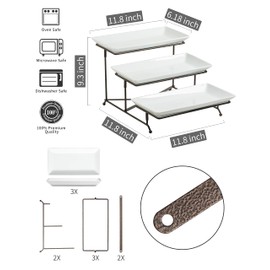 LAUCHUH 3 Tier Serving Tray Porcelain Tiered Serving Stand Collapsible Sturdier Rack with 3 Serving Platters & 2 Cross Bars for Entertaining Fruit Dessert Party Display Set, 12 Inch, Bronze