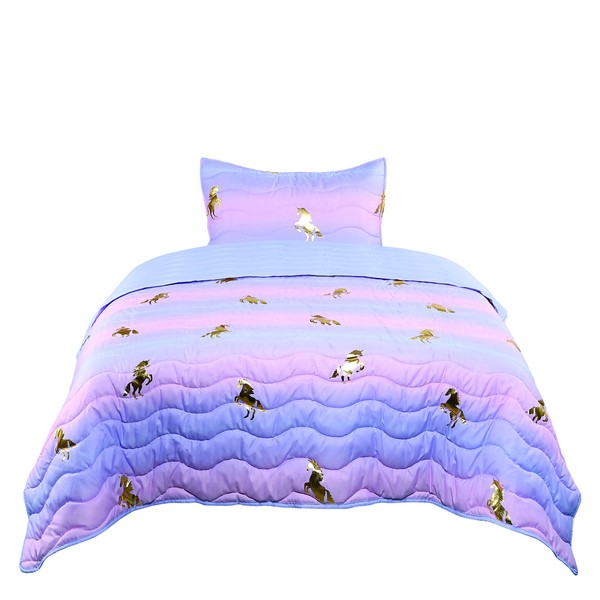 Tadpoles 2-Piece Girls Unicorn Quilt Set | 1 Twin Bed Size Quilt & 1 Standard Sham | Made of 100% Micro-Denier Polyester Fiber | Soft, Smooth & Durable | Ideal for Teens | Metallic Gold Unicorns