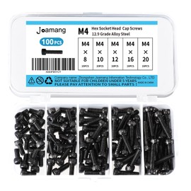 Joamang M4 x 8mm 10mm 12mm 16mm 20mm Hex Socket Head Cap Screws Bolts, 12.9 Grade Alloy Steel, Black Oxide Finish, Metric Allen Hex Drive, Fully Threaded, Assortment Kit 100Pcs