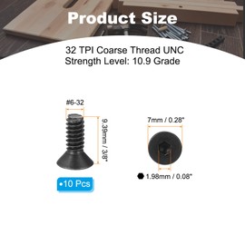 PATIKIL #6-32 x 3/8 Inch Flat Head Socket Cap Screws, 10 Pack Flat Countersunk Bolts Hex Socket Drive Machine Screws Full Thread Coarse Thread UNC Black Oxide Grade 10.9