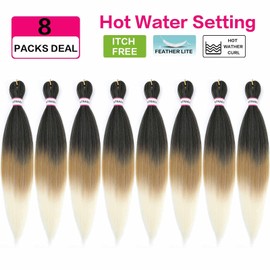 Pre Stretched Braiding Hair 8 Packs - 20 Inch Ombre Braiding Hair,Three Tone Yaki Texture Prestretched Crochet Braids Hair,Professional Synthetic Hair Extension Itch Free Hot Water Setting (20 Inch, 1B/27/613)