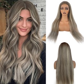 Straight Highlight Blonde 13X6 HD Lace Front Wigs Human Hair for Women 22 Inch Ombre Ash Brown Mixed 613 Bleach Blonde Deep Part Glueless Lace Frontal Wigs 180 Density Pre Plucked with Baby Hair