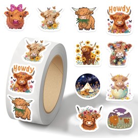 500PCS Highland Cow Stickers Roll 10 Styles Envelope Seals Sticker Cute Animal Stickers for Kids Cow Themed Party Favors(500 Per Roll)
