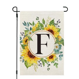 CROWNED BEAUTY Summer Sunflower Eucalyptus Leaves Monogram Letter F Garden Flag 12x18 Inch Double Sided Small Burlap Family Last Name Initial Outside Yard Flag CF1452-12