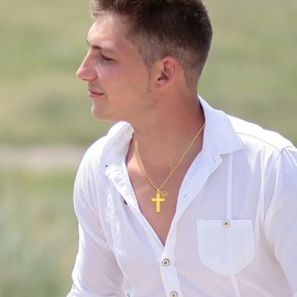 Tobestu Gold Stainless Steel Retro Cross Pendant Rolo Cable Chain Necklace with Round Mountain Mustard Seed Faith Necklace for Men YA4453