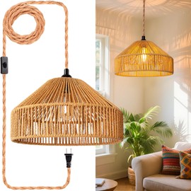 Hanging Lamps Rattan Pendant Light Hanging Lights 16.4ft Plug in Cord Pendant Light Fixture Plug Into Wall Outlet Pendant Lighting with On Off Switch for Bedroom Living (Mongolian Yurt)