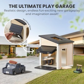 Tiny Land Wooden Dollhouse Garage Toy Set – Realistic Design with Garage, Workbench, Lawn Mower, and SUV Car – Ideal Gift for Kids