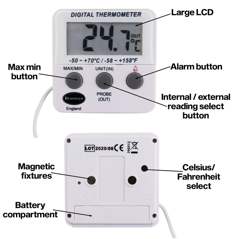Brannan Refrigerator Thermometer Digital - Fridge and Freezer Alarm Alert
