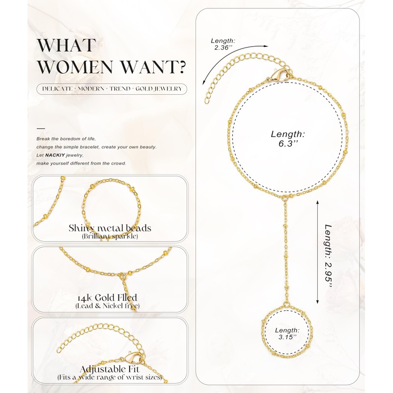 Fesciory 14K Gold Hand Chain Bracelet with Ring, Adjustable Finger