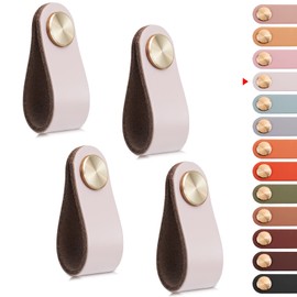 LEREATI 4pcs Leather Drawer Handles Drawer Knobs Kitchen Cupboard Handles Leather Drawer Pulls, Door Knobs for Cupboards, Wardrobe, Dresser, Closet (Cream, Single Hole)