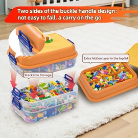 MJLDPOY 3 Layers Toy Organizer Box, Adjustable Compartments Building Blocks Storage Box, Clear Plastic Stackable with Baseplate Lids Organizer Chest Case (Orange, 3 Layers)