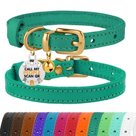 BRONZEDOG Leather Cat Collar with Bell, Non-Tearable, QR Tag for Girls and Boys (Turquoise and Gold, 18-23 cm)