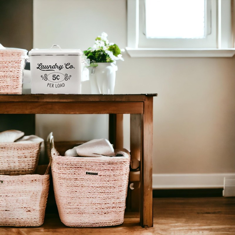 AuldHome Design Farmhouse Laundry Powder Container, White Enamelware Detergent Bin