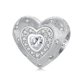 NINGAN I Love You Heart Charm 925 Sterling Silver Charm Bead for European Bracelets and Necklaces, Silver, Cubic Zirconia