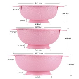 Stainless Steel Colander 3 Piece,Metal Strainer Basket with Solid Base and Handles for Kitchen Food,Pasta, Noodles, Vegetables and Fruits,Powder Coated,BPA Free,Dishwasher Safe,2 & 3 & 4.5 Qt (Pink)