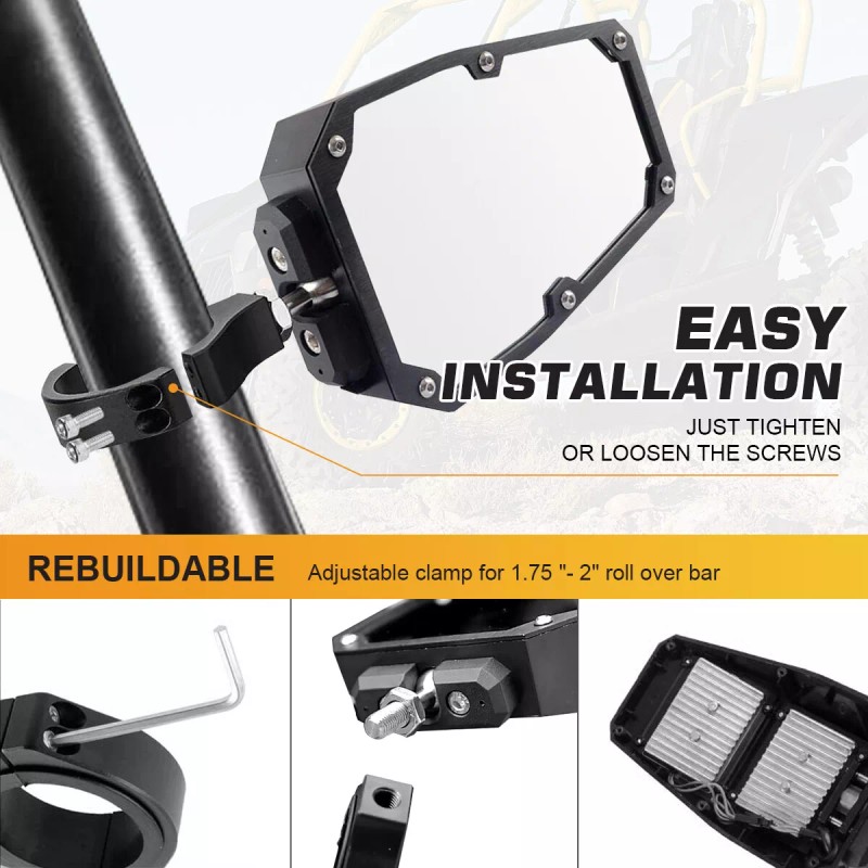DYSO UTV Rear View Side Mirrors with LED Rock Light