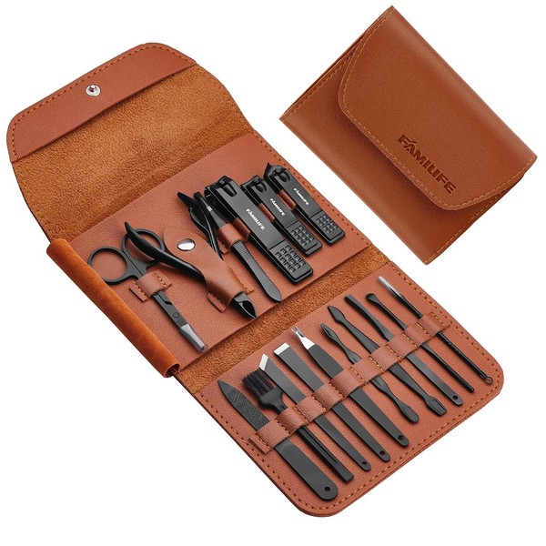 Gifts for Men, FAMILIFE Manicure Set Nail Clippers Pedicure Kit Manicure Kit Nail Clipper Set 16pcs Mens Grooming Kit Manicure Set Professional Stainless Steel Nail Kit Brown Leather Case Travel Kit