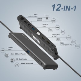 Wavlink USB C 12-in-1 Hub/Docking Station, Triple Display Docking Station with HDMI, DP and VGA, 100W PD3.0 Charging (85W for PC), Ethernet, SD Card Reader, 6 USB Ports, for Windows/Mac and More