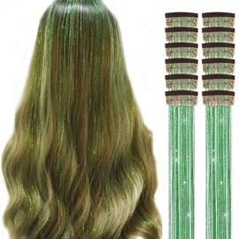 Clip in Hair Tinsel 20 Inch Colorful Hair Tinsel Pack of 12Pcs Glitter Tinsel Hair Extensions Tinsel Fairy Hair Party Dazzle Hair Accessories Strands Kit for Women Girls Kids(Green)