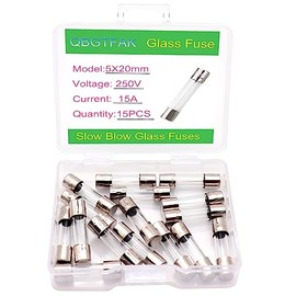 QBGTFAK 15 Pack T15AL250V 5x20 mm 15A 250V Fuses 0.2x0.78 Inch 15A amp 250 V Slow Blow Glass Fuses (15A)