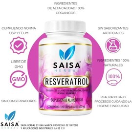 Resveratrol  Semilla de uva y Vitamina C 120 cápsulas  Antioxidante 1000 mg porción  Saisa Herbal 100 Puro