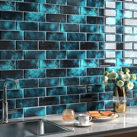 FunStick Kitchen Tile Stickers Dark Blue 3D Peel and Stick Wall Tiles Bathroom Waterproof Blue Rectangle 30x30CM 5 Pcs Stick on Wall Tiles for Kitchen Splashback Washable Sticky Wall Tiles Blue
