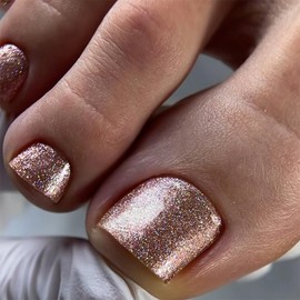 24 Pcs Rose Gold Glitter Press On Toenails YEFIUO Cute Acrylic Fake Toe Nails Press ons Nail Art Light Weight Press on Toe Nails Full Cover Summer False Nail Glue on Toe Nails Stick on Nails for Ma'am