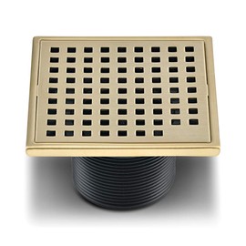 QM Square Shower Drain, Grate made of Stainless Steel Marine 316 and Base made of ABS, Lagos Series Mira Line, 4 inch, Satin Gold Finish, Kit includes Hair Trap/Strainer and Key