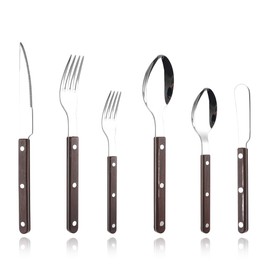 Rivet ABS Faux Wood Handle Silverware Set - 6-Piece Stainless Steel Flatware with Steak Knife, Fork, Spoon, Teaspoon, Dessert Fork and Butter Knife - Elegant Tableware Cutlery for Dining (Brown)