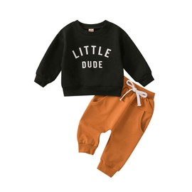 Baby Boy Clothes Toddler Fall Winter Outfits Long Sleeve Crewneck Sweatshirt Pullover Top + Jogger Pants Sweatsuit Set(Little Dude Black,12-18M)